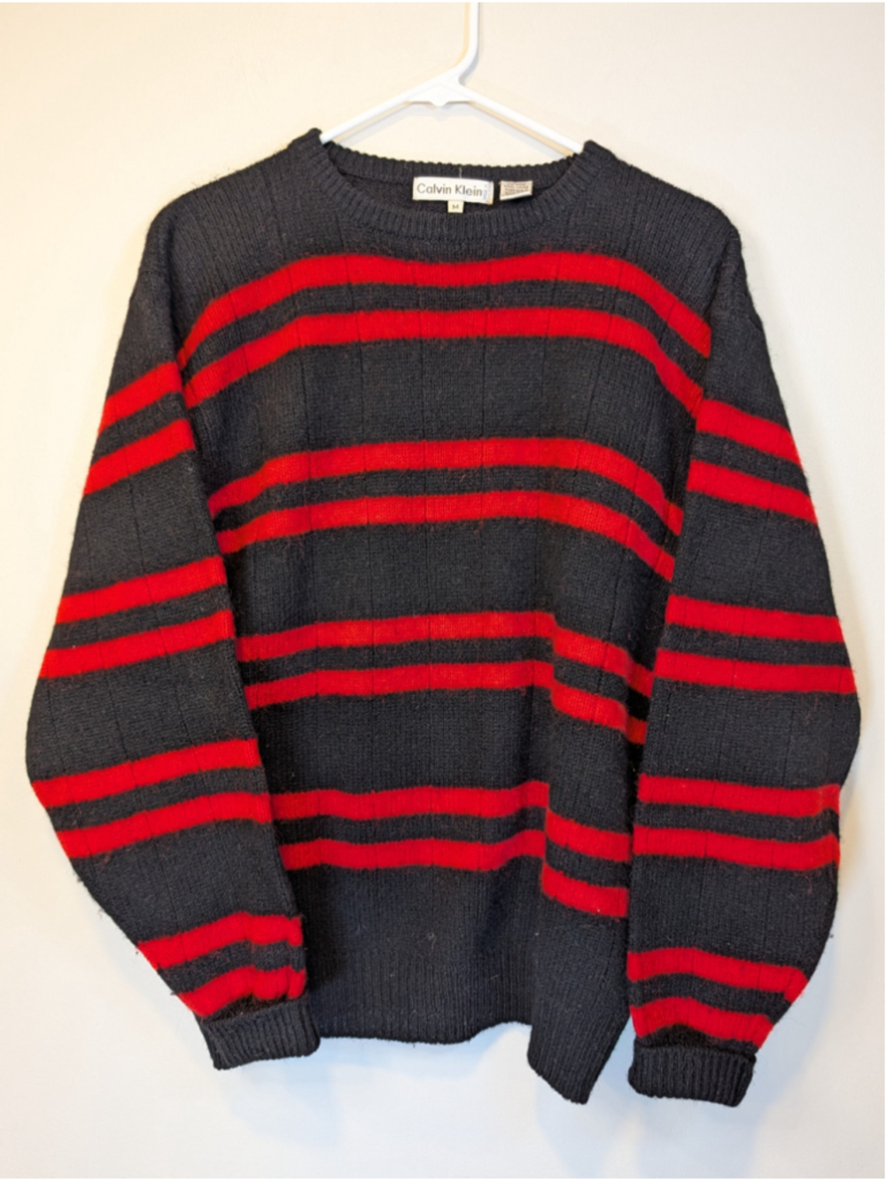 Vintage Calvin Klein Shetland Wool Striped Sweater Black Red Grunge Medium M